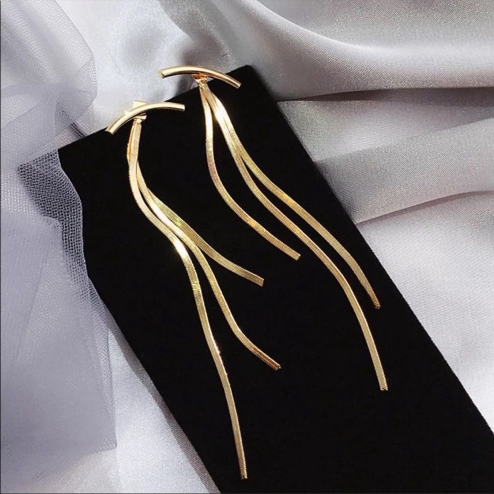 NEW 18K YELLOW GOLD BAR LONG TASSEL EARRINGS - Picture 5 of 9